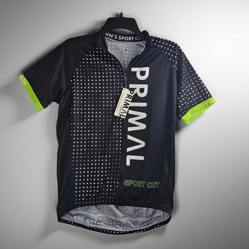 New PRIMAL Men's M Sport Cut Raglan Jersey Full Zip Back Pockets Black